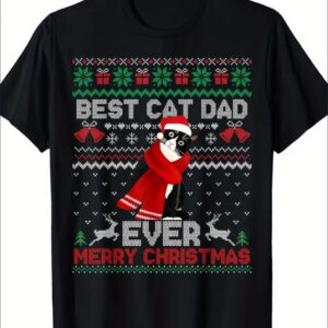 Best Cat Dad, Funny Black Cat Ugly Christmas Sweater T-shirt