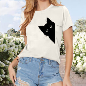 Women's Black Cat Print Round Neck T-Shirt - Cute Casual Short Sleeve Summer Top