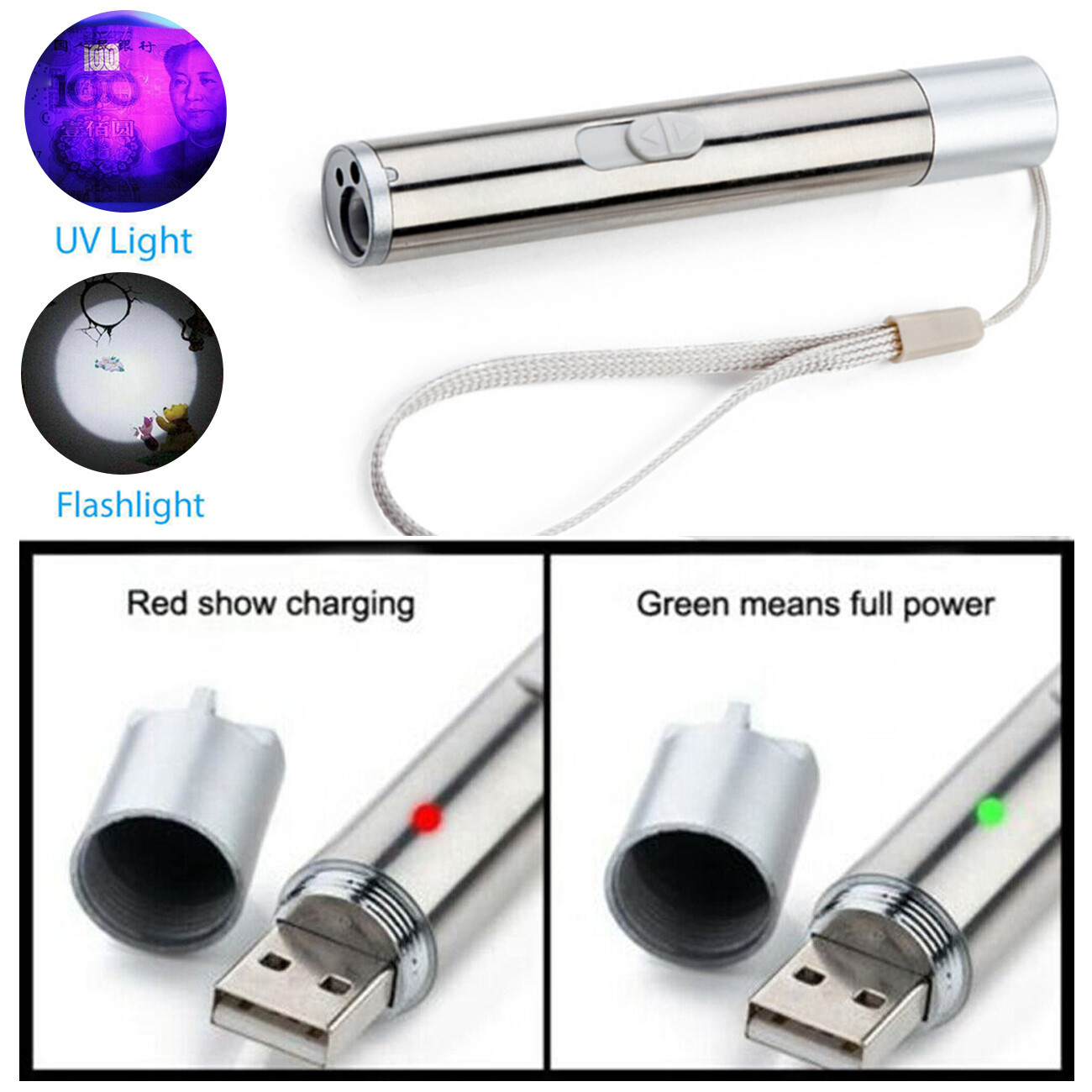 Red Laser Pointer Pen USB Rechargeable LED Light 3 In 1 UV Flashlight Cat Dog Toys - Image 4